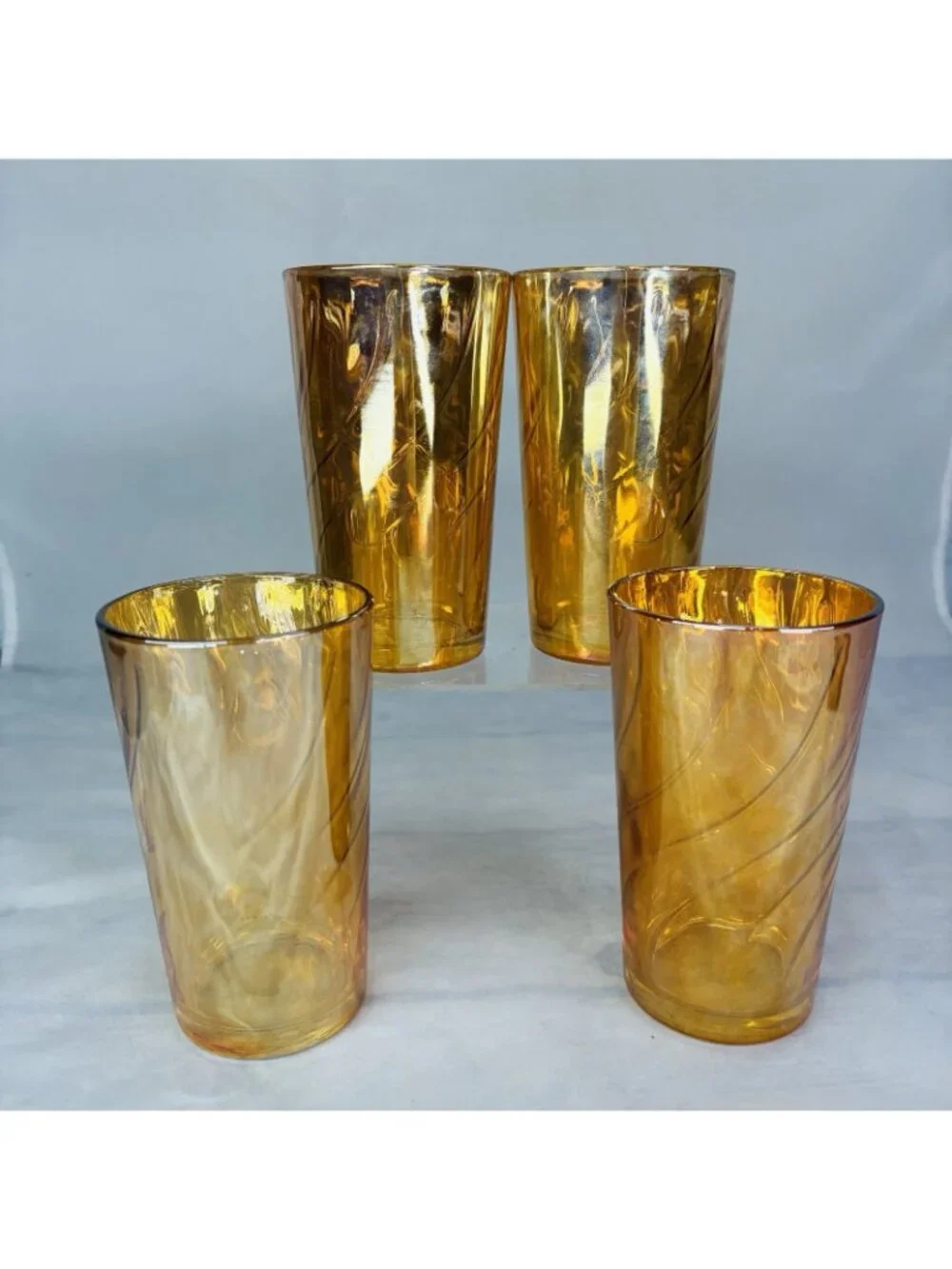 Optic Lusterware MARIGOLD SWIRL Iridescent Carnival 10oz Drinking Glasses Set 4